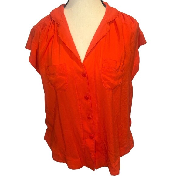 Anthropologie Maeve ORANGE Rayon Short Sleeve Shirt Button Down Pockets Sz S - Picture 1 of 11